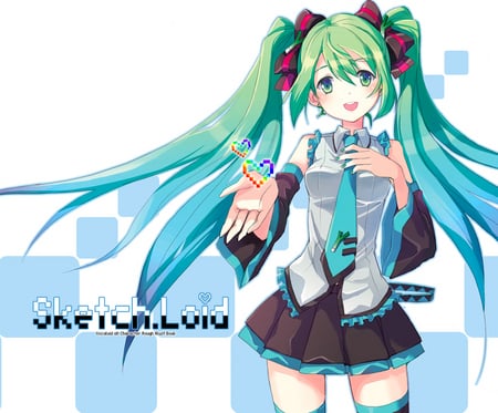 Hatsune Miku - tie, anime, skirt, twintail, hatsune miku, checkered, cute, vocaloids, hearts