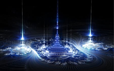 Transmission - abstract, blue, towers, incendia, peaks, fractal