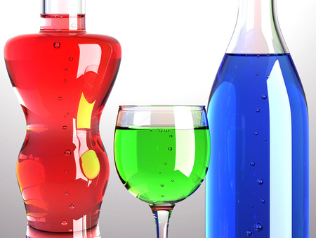 Sips and shapes - drinks, blue, red, green, liquid, glass, bottles