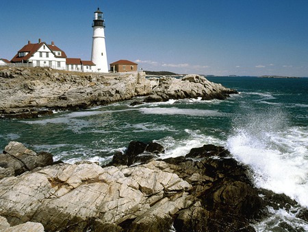 Lighthouse - breakers, storms, beacon, lighthouse, waves, ocean, rocks