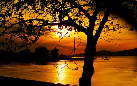 By Night - lake, mountain, reflection, sunset, ray