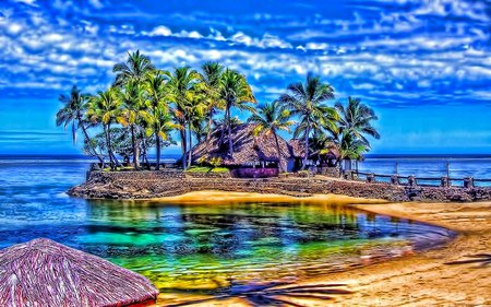 Look Around - trees, blue, beach, vacation, sea, beauty, chalet