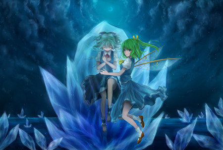 Anime - moon, sky, touhou, night, anime, wings, crystals