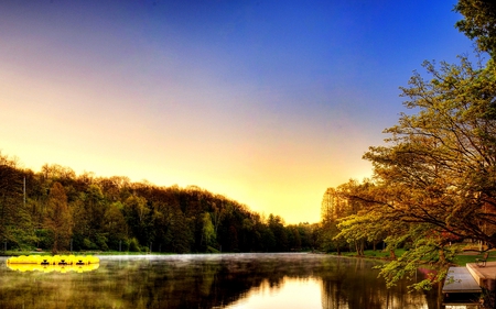 SAAR RIVER,GERMANY - morning, plank, trees, dock, river, sun, bench