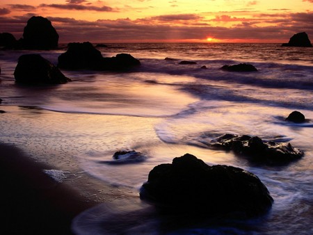 Sunset at the Beach - clouds, water, nature, beach, rocks