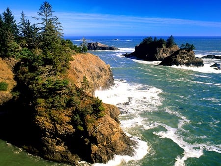 Ocean Waves - sand beach, trees, ocean waves, rocks