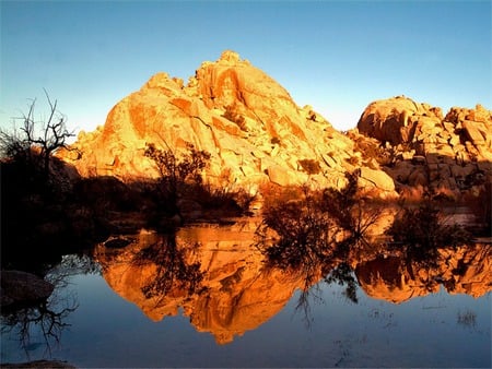 Golden Bluff Reflection - reflections, river, bluff, sunset, water, rock, lake