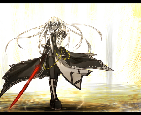 come here ! - smile, anime, white eyes, weapon, long hair, white hair