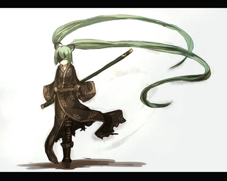 miku the wanderer - twintails, long hair, samurai, hatsune, vocaloid, weapon, eyepatch, miku, sword, japanese clothes