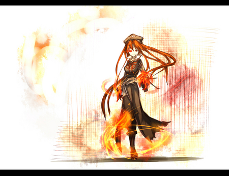 Colorful Light Lotus Flower Palm - girl, hong, aura, long hair, red hair, fire, red eyes, flame, touhou, meiling, glowing eyes