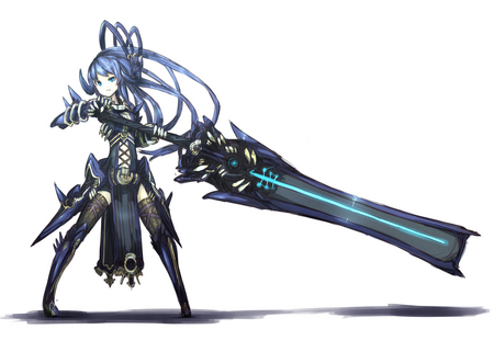 shirogane usagi art - armor, blue hair, girl, sword, weapon, long hair, blue eyes