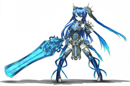 shirogane usagi art - armor, twintails, blue hair, girl, sword, weapon, blue eyes