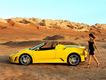 Ferrai F430 Spyder - ferrai, yellow, desert, f430, woman