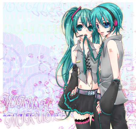 Miku and Mikuo - tie, anime, blue, twintail, hatsune miku, short hair, mikuo, cute, vocaloids