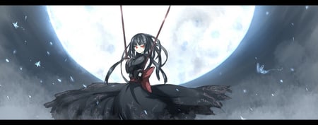 shirogane usagi art - moon, japanese clothes, black hair, butterfly, sword, weapon, red eyes