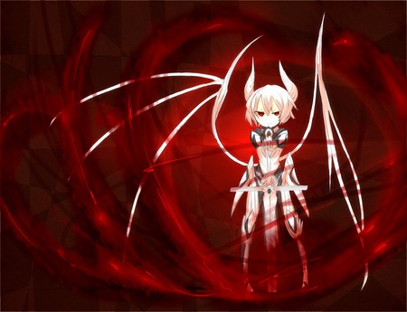 shirogane usagi art - armor, wing, horn, red, sword, weapon, red eyes, white hair