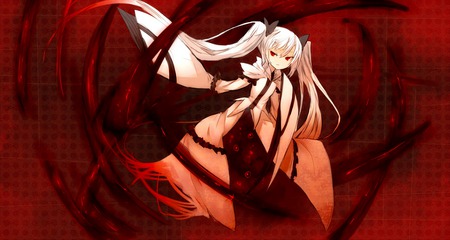 shirogane usagi art - twintails, red, girl, long hair, red eyes, white hair