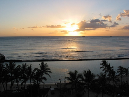 Waikiki Sunset - skies, palms, sunset, tropical, beach, paradise