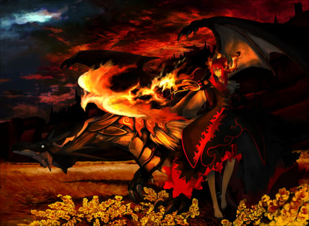 Demon girl of the Netherworld - flame, red eyes, girl, dragon, phoenix, fire, flower, demon