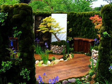 Nature's lounge - flowers, trees, privacy, hedges, bench, escape, walkway, rocks