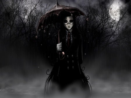 Tinkerbell-Umbrella - night, forest, dark, spooky, umbrella, rain, creepy, storm, moon, branches, trees, fog, girl, hellsing ultimate, tinkerbell, black, fantasy, nature, glasses, woman, full moon