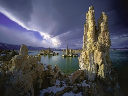 Rocky Lake - sky, lake, clouds, formations, rocky, rocks