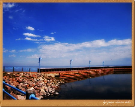 the dock - sky, lake, blue, clouds, dock