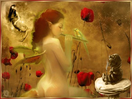 selence - fantasy, poppies, flute, fairy, nature, selence