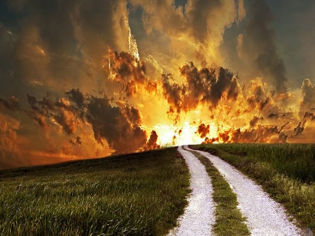 Pathway Sunset - path, clouds, roadway, tracks, grassy field, sunset