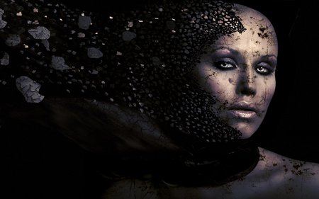 fragmentation - face, cg, dark, female, art