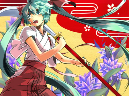 Hatsune Miku - pretty, yakuta, anime, hatsune miku, leaves, flowers, blade, weapon, vocaloids