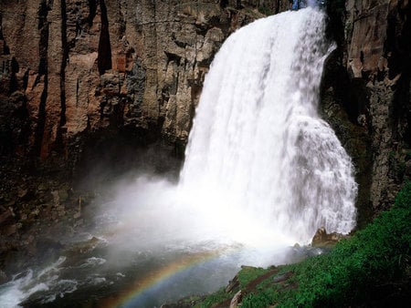 rainbow waterfalls - rainbow, sky, mountain, waterfalls, mountains