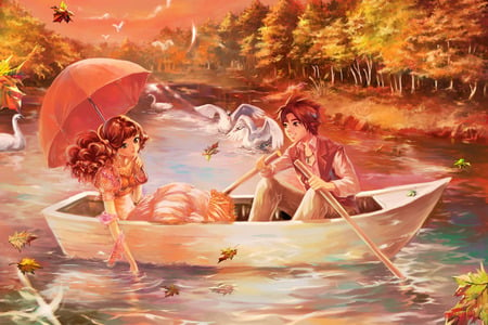 The Auttum Lake - pretty, bird, duck, anime, swan, romantic, wood, boat, maiden, romance, forest, plant, boy, umbrella, animal, nice, anime girl, water, beautiful, girl, beauty, love, tree, lady, jungle, cute, lover, couple