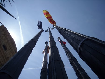 Flags and blue sky - blue sky, flags, sky, flag poles