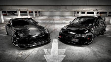 Nissan & Mitsubishi - black, car, mitsubishi, tuning, lancer, parking, nissan