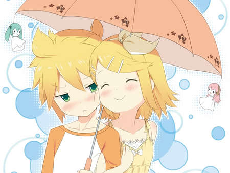 Kagamine Rin and Kagamine Len - hatsune miku, kagamine rin, blushing, chibi, circles, pretty, umbrella, megurine luka, kagamine len, cute