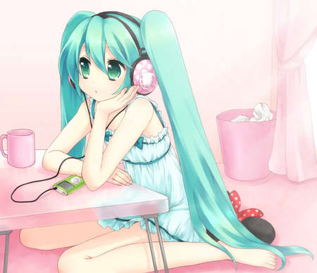 Hatsune Miku - hatsune miku, headsets, windows, curtains, room, twintail, ipod, vocaloids, pretty, pink, table, anime, ribbon, cute