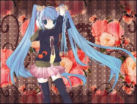 Hatsune Miku - cute, flowers, vocaloids, anime, twintail, petals, skirt, colors, colorful, hatsune miku