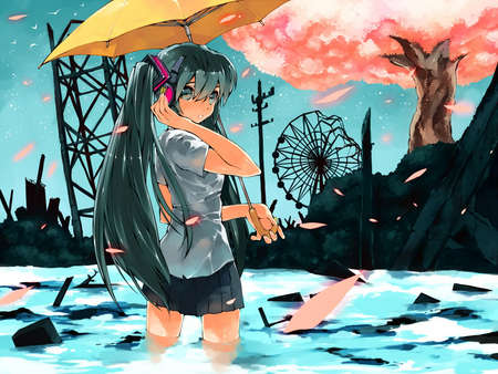 Hatsune Miku - cute, water, vocaloids, anime, twintail, umbrella, ferris wheel, cherry blossom, petals, rubble, tree, headset, hatsune miku