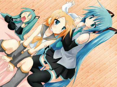 Hatsune Miku - anime, twintail, hatsune miku, kagamine rin, bed, cute, vocaloids, headset, wall, ribbons