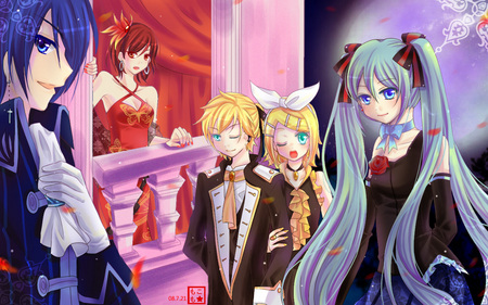 Hatsune Miku, Kaito, Kagamine Rin, Kagamine Len, Meiko - anime, meiko, dress, kagamine len, hatsune miku, suits, colorful, kagamine rin, kaito, cute, vocaloids