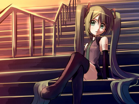 Hatsune Miku - anime, stairs, twintail, rail, cute, hatsune miku, vocaloids