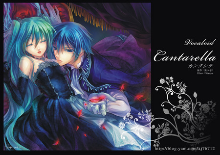 Miku and Kaito - Cantarella - flowers, vocaloids, hot, anime, kaito, petals, sexy, cantarella, hatsune miku