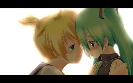 Hatsune Miku and Kagamine Len - vocaloids, hatsune miku, moment, blushing, anime, twintail, kagamine len, cute