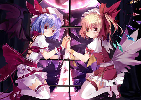 Remilia & Flandre - moon, touhou, wing, girl, flandre, scarlet, remilia