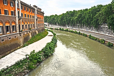 Fiume Tevere - photograph, river, green, orange, buildings