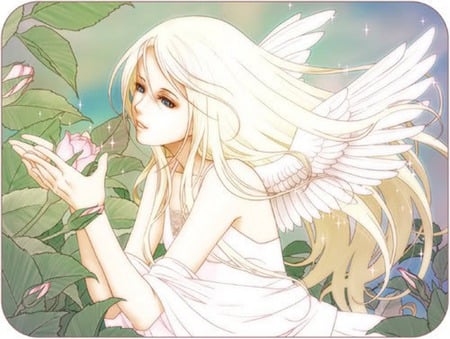 Angel Garden - anime, anime girl, wing, girl, angel, flower, plant, fantasy, garden, wings, rose, cute