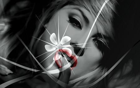 Splash - black, fantasy, lady, woman, redlips, splash, blackandwhite, flower