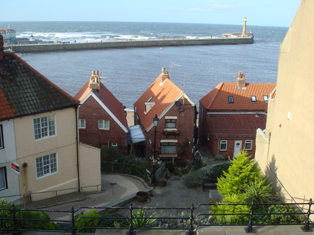 Harbourside cottages - england, whitby, courtyard, sea, cottages, harbour, abbey