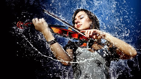 The Violin  - woman, symphony, rain, water, wet, different, unique, 1080p, 1920 x 1080, non frozen, beauty and the arts, liquid, violin, cute, 1080i